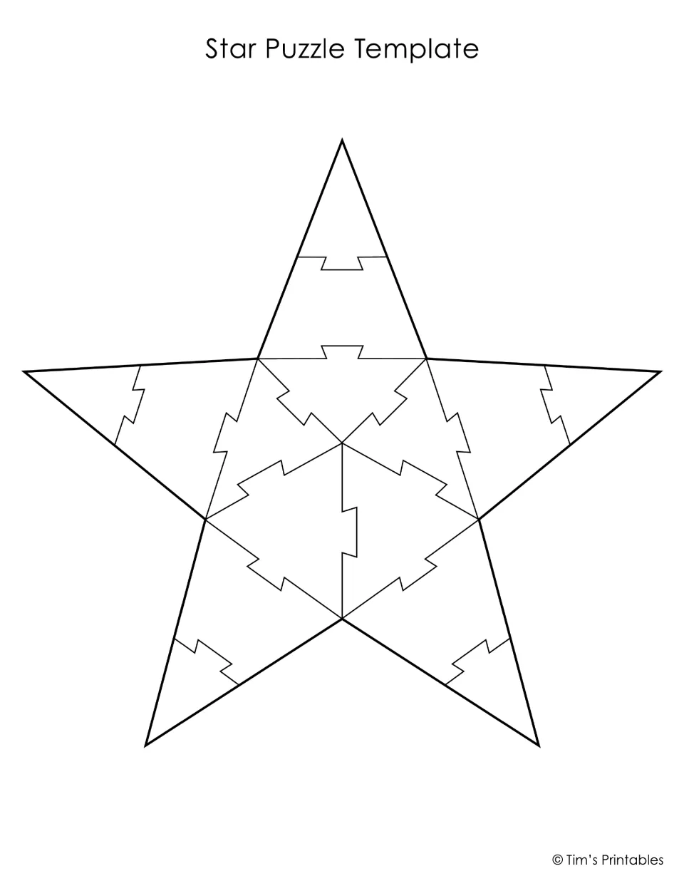 Star Puzzle Template: five-pointed star divided into interlocking pieces with notched edges, for colouring and cutting apart