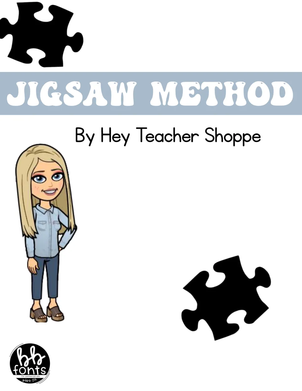 Jigsaw Method cover by Hey Teacher Shoppe, showing black puzzle pieces and a cartoon teacher with long blonde hair