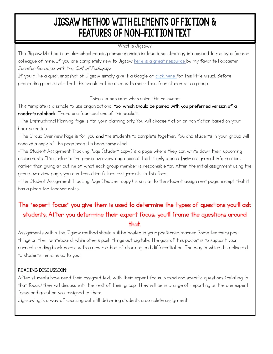 Jigsaw overview: what the method is, the packet's four sections and how students report on one expert focus in discussion