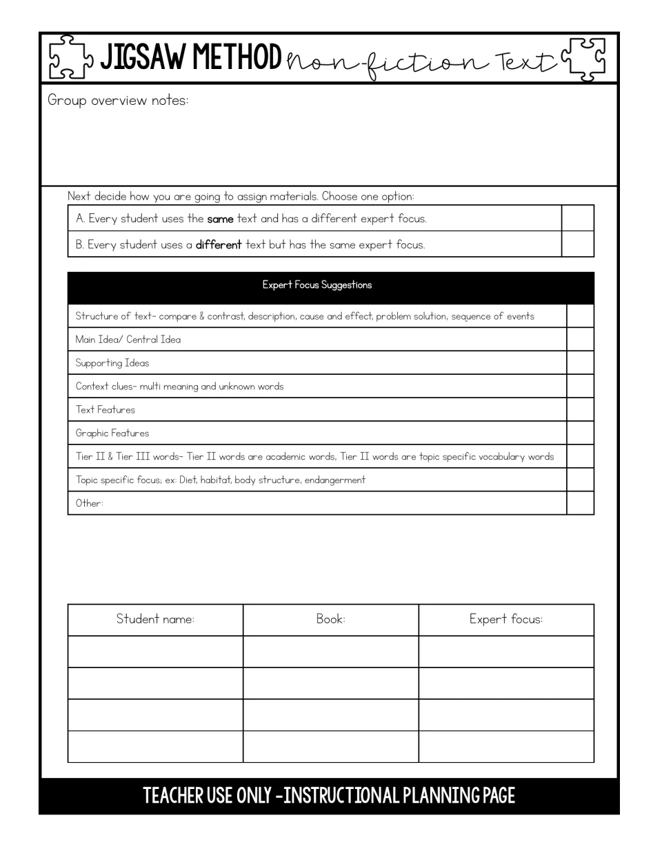 Non-fiction planning page: choose same or different texts, tick expert focus options like main idea, and list students