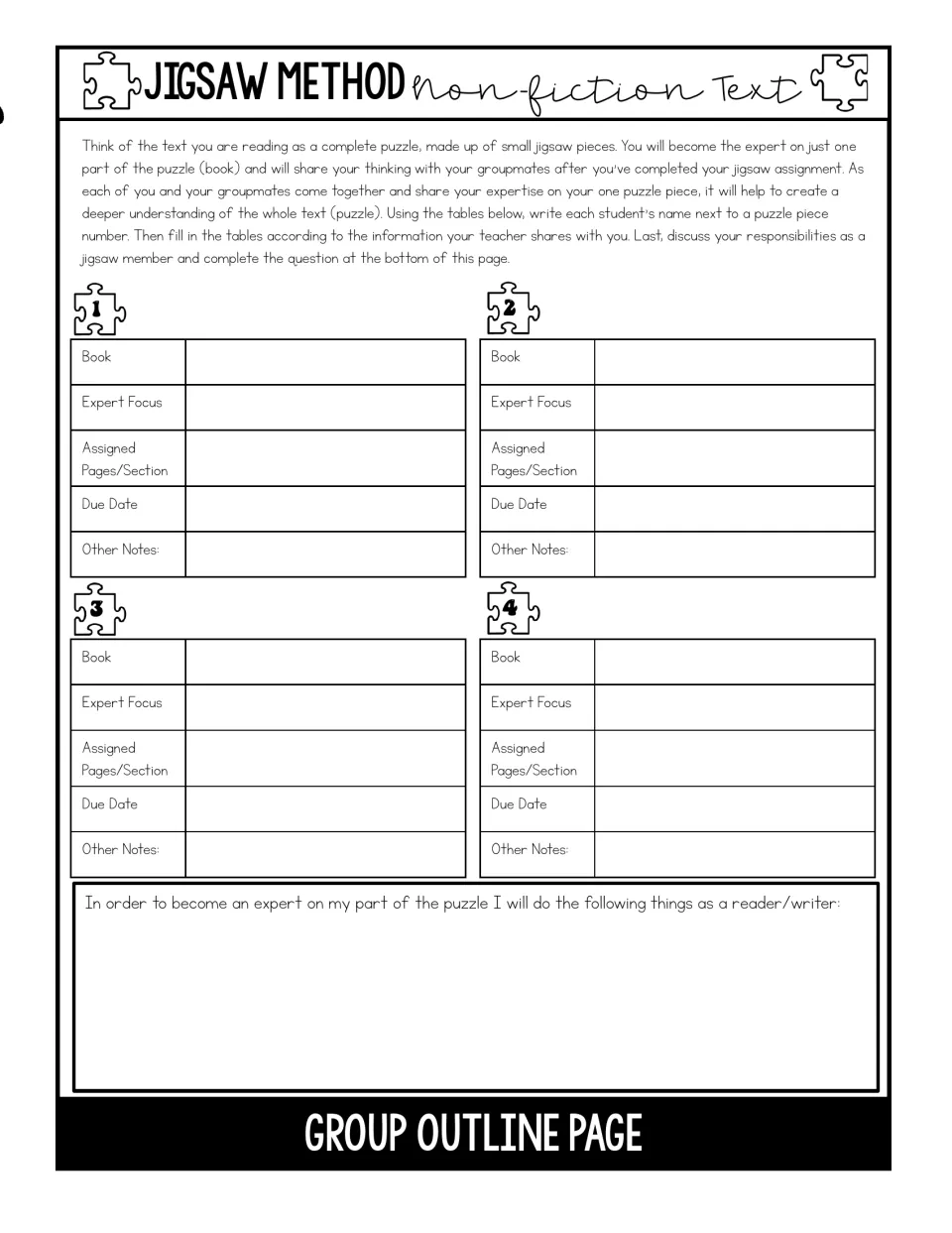 Non-fiction group outline: students record book, expert focus, pages and due date for puzzle pieces 1 to 4