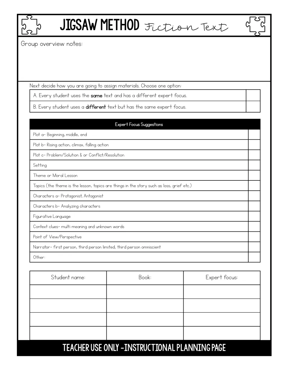 Fiction planning page: pick expert focus options such as plot, setting, theme, characters and narrator, then list students