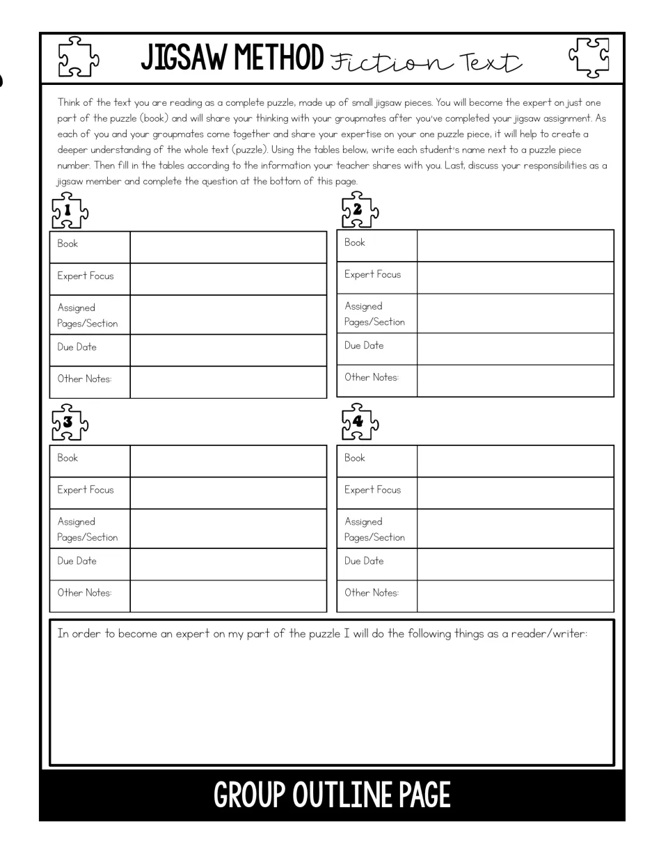 Fiction group outline: each member logs book, expert focus, assigned pages and due date, then writes their expert plan