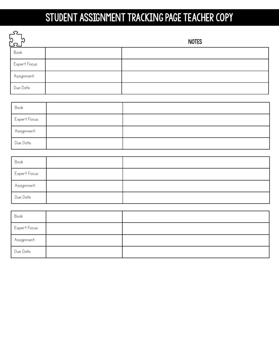 Student assignment tracker, teacher copy: four entries for book, expert focus, assignment and due date with a notes column