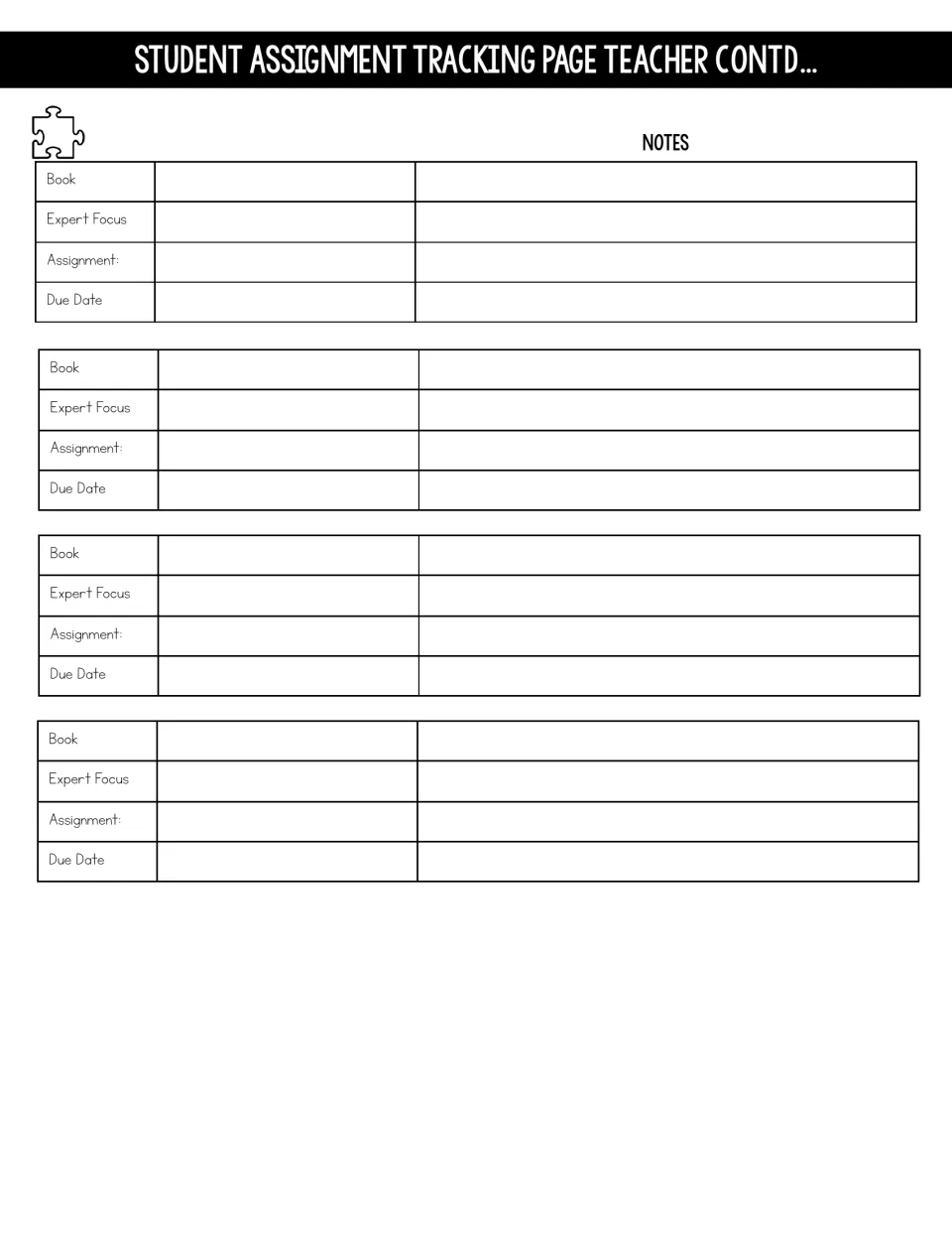 Teacher tracker continued: four more book, expert focus, assignment and due date entries beside a notes column