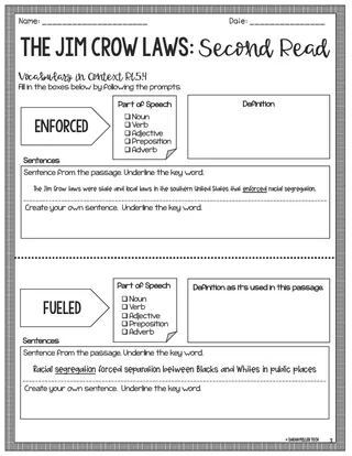 Jim Crow Laws – Reading Packet & Worksheets – sample page 2