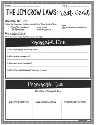 Jim Crow Laws – Reading Packet & Worksheets – sample page 3