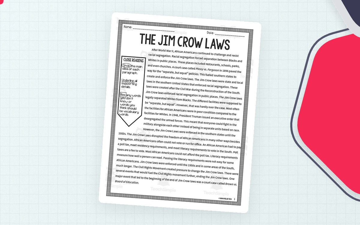 Jim Crow Laws – Reading Packet & Worksheets preview: A 1-page Jim Crow laws informational passage