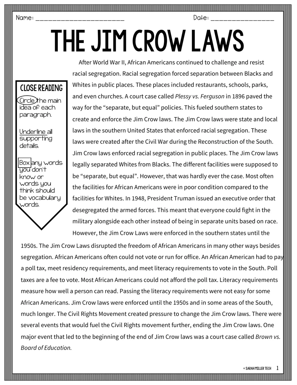 Jim Crow laws passage: students circle main ideas, underline details and box unknown words while close reading