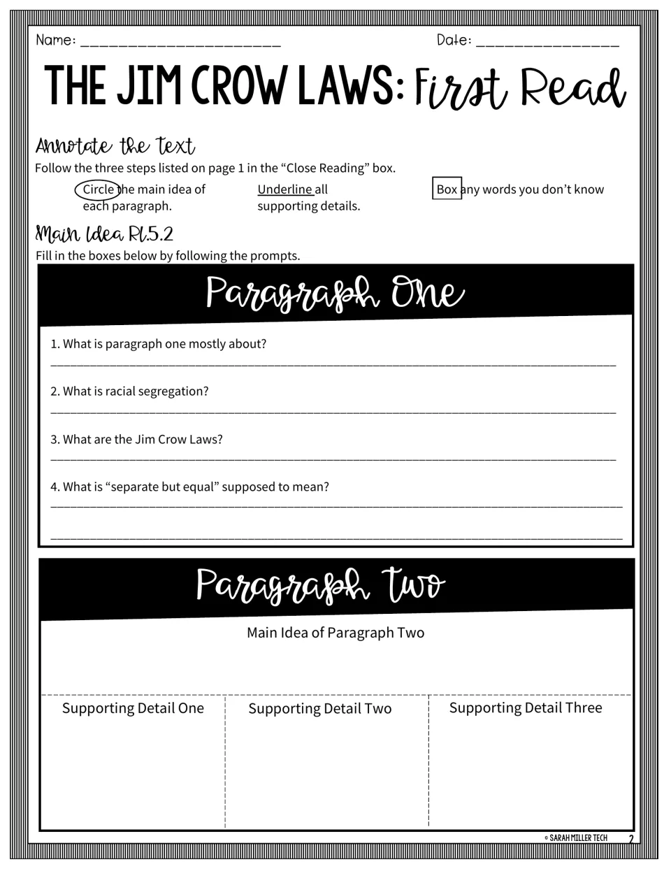 Jim Crow Laws first read: main idea questions on segregation and separate but equal, plus a main idea and details chart