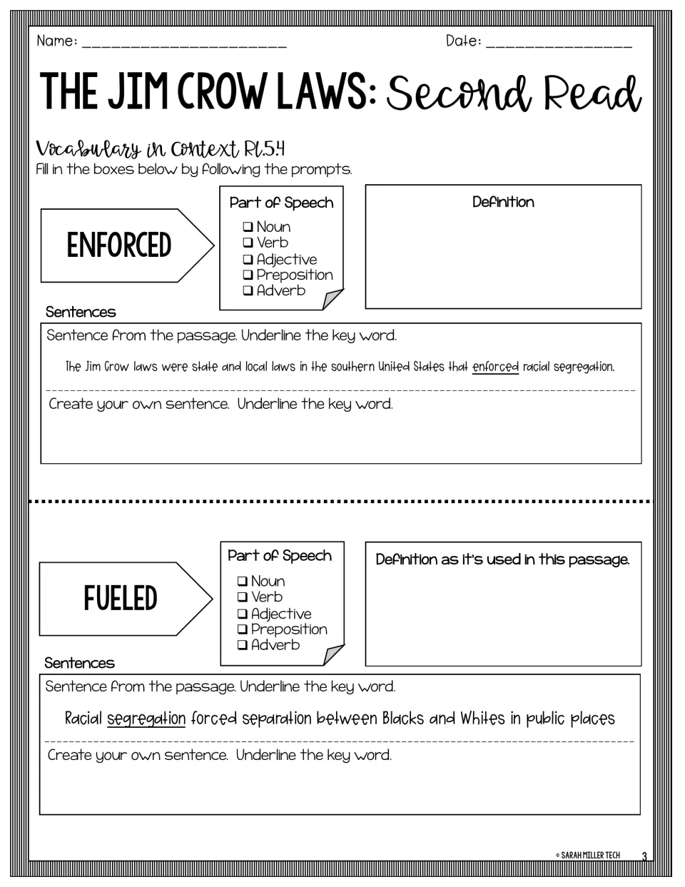 Jim Crow Laws second read: vocabulary in context for enforced and fueled with part of speech, definition and sentences