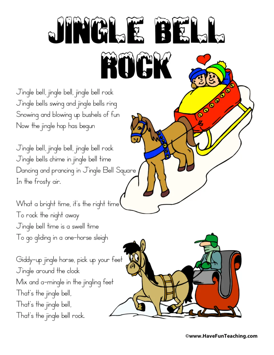 Song lyric sheet for Jingle Bell Rock, including verses about ringing bells and a one-horse sleigh.