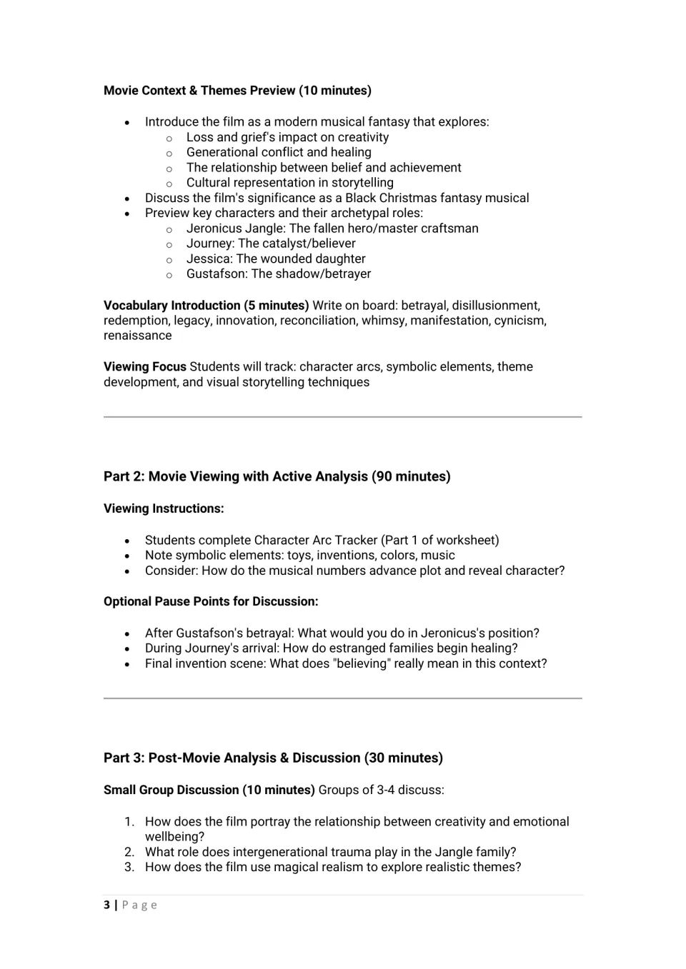 Lesson plan continuation: film themes, vocabulary, active viewing directions, and group discussion