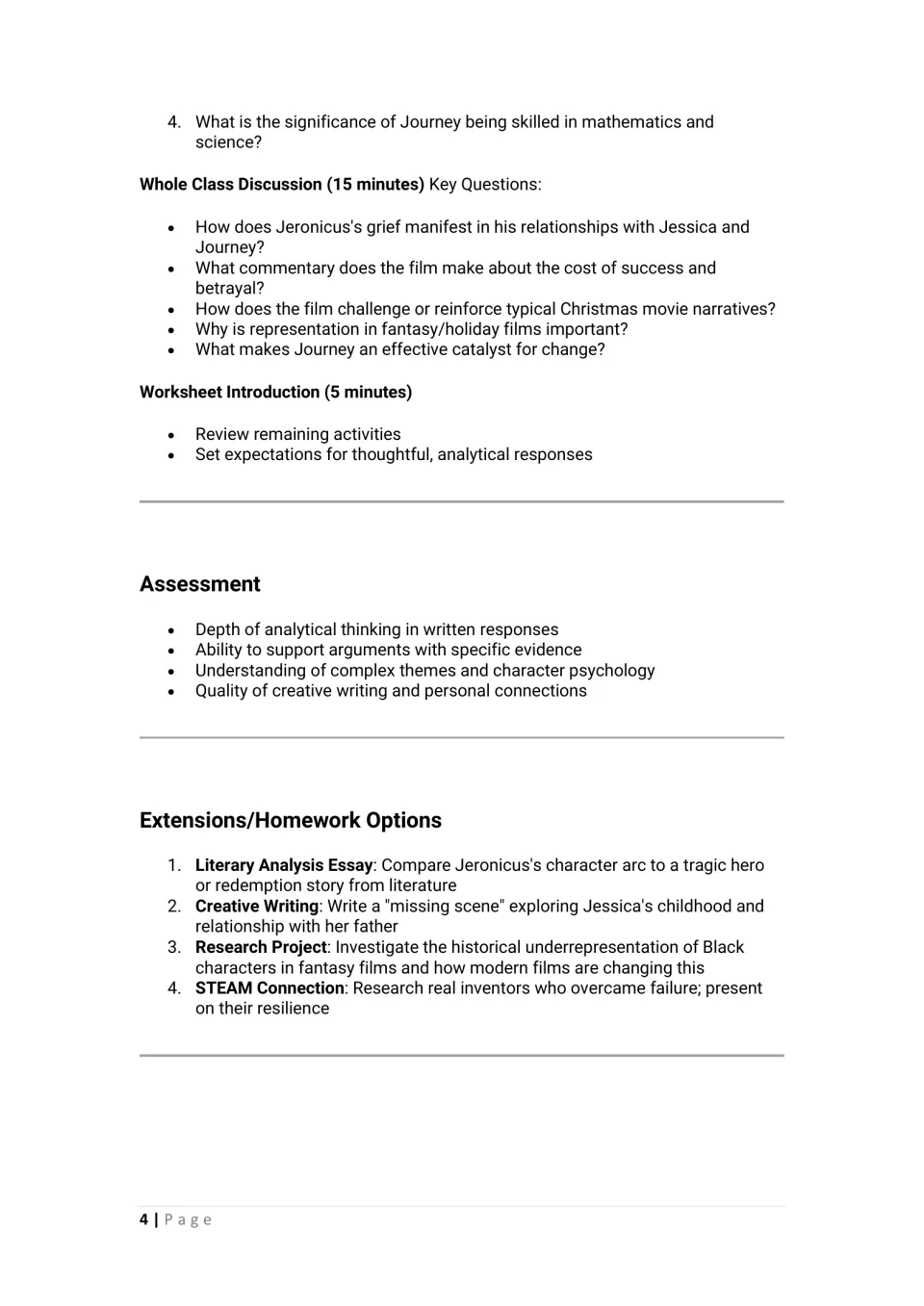 Lesson plan conclusion: whole-class discussion, assessment criteria, and four extension or homework options