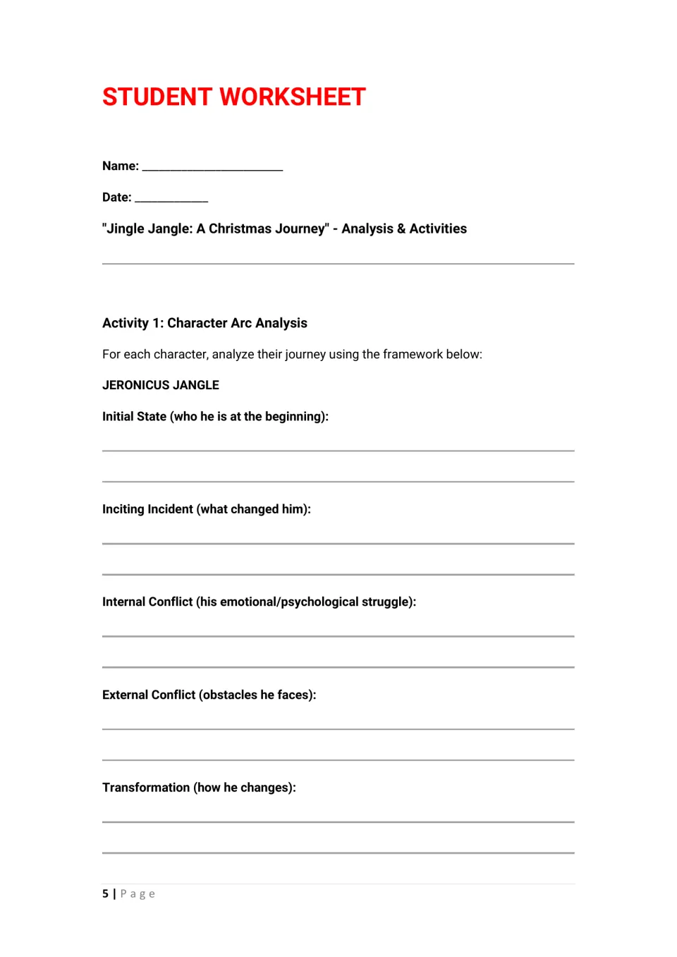 Activity 1 begins character arc analysis of Jeronicus Jangle: initial state, conflicts, and transformation