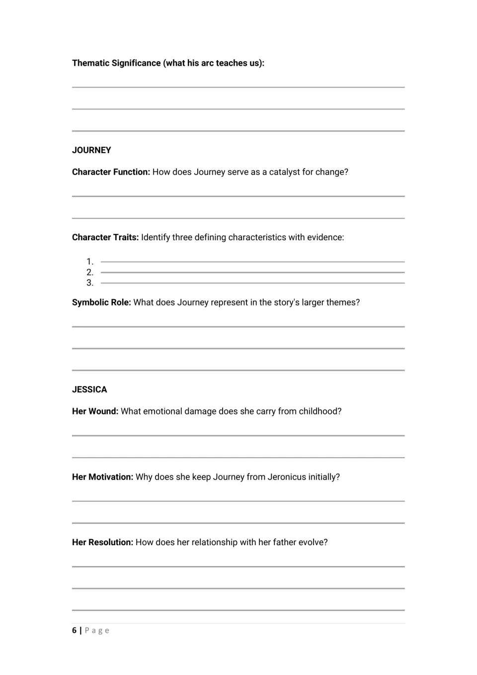 Activity 1 continues with Jeronicus's thematic significance, Journey's traits, and Jessica's motivations