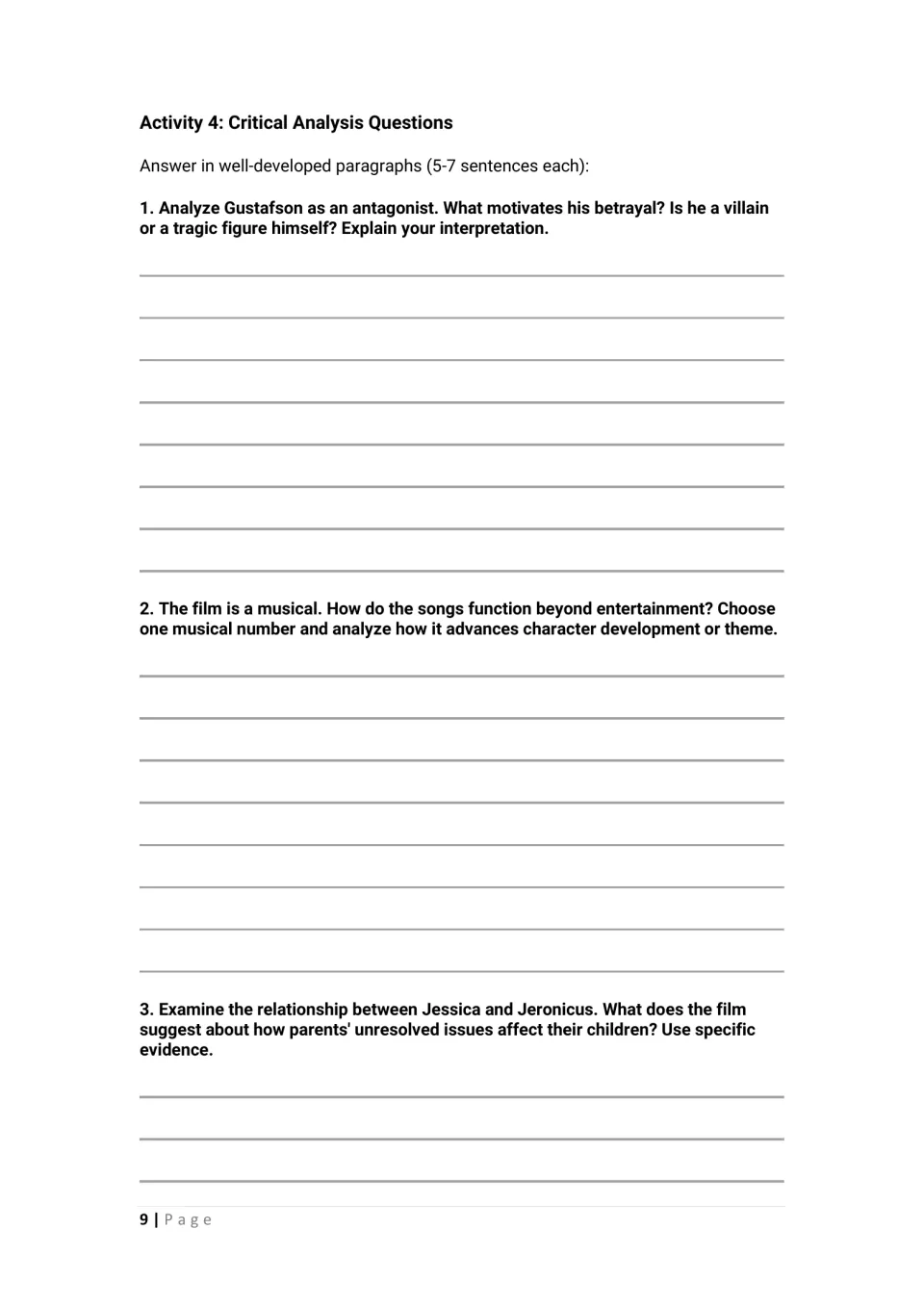 Activity 4 requests paragraphs analyzing Gustafson's betrayal, a musical number, and Jessica and Jeronicus