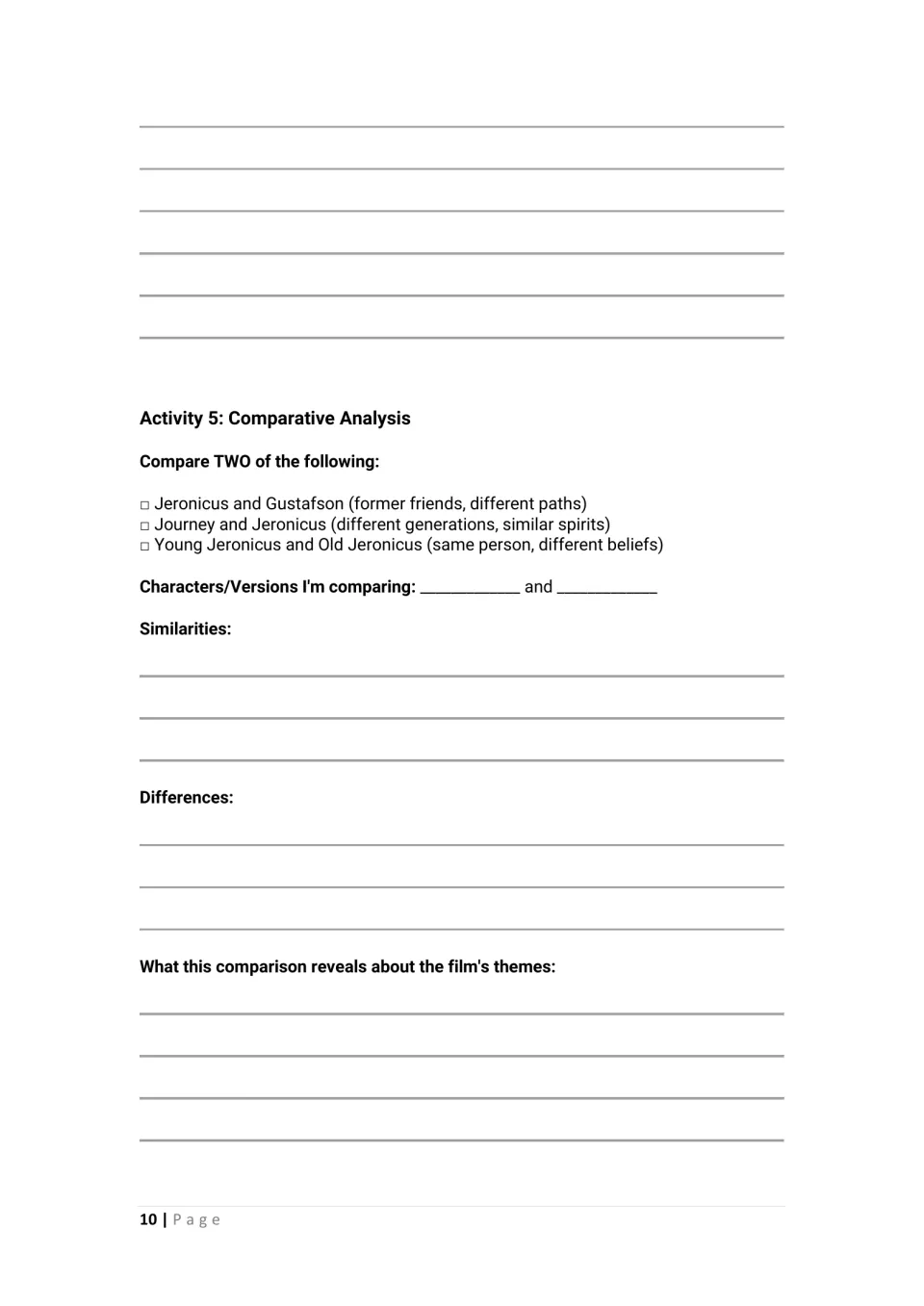 Activity 5 offers character comparisons involving Jeronicus, Gustafson, and Journey to explore film themes