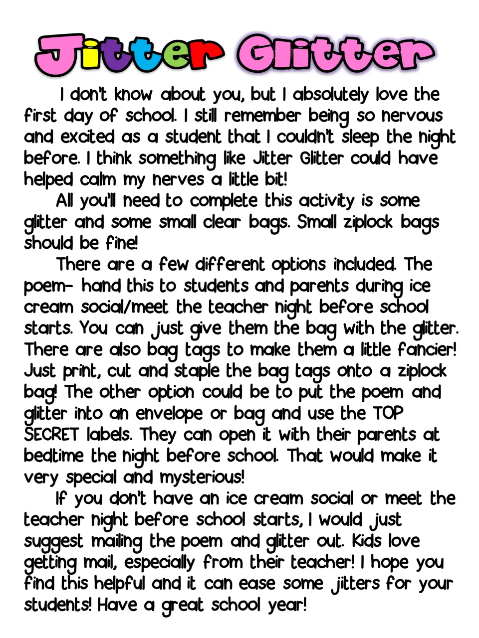 Teacher directions: glitter and small ziplock bags, with options to hand out the poem, add bag tags or mail it home