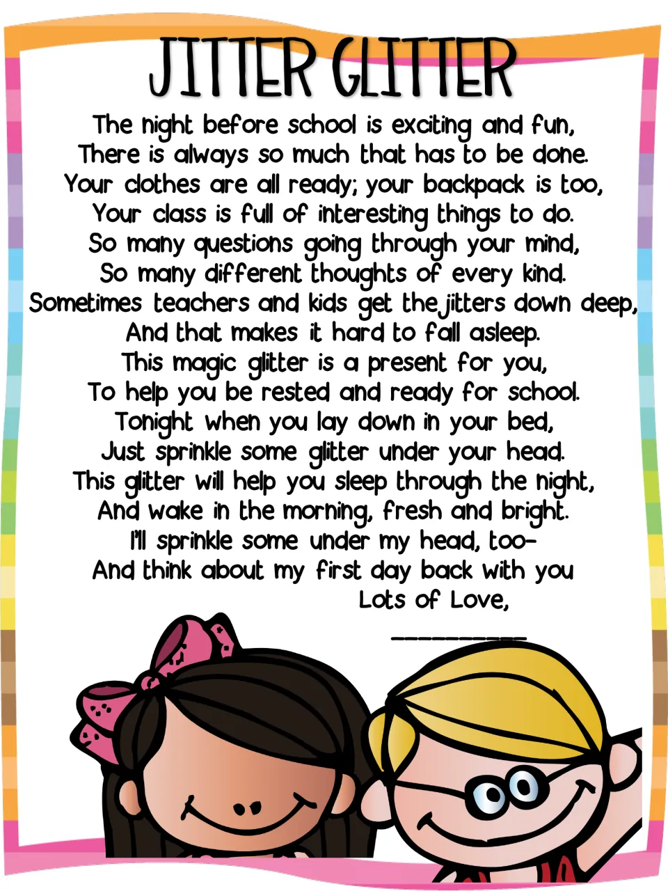 Night-before-school poem: rhyming verses invite children to sprinkle magic glitter under their head to sleep well