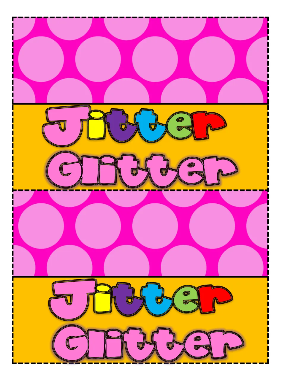 Pink bag tags: two polka-dot toppers with bright bubble-letter title lettering to cut out and staple onto glitter bags