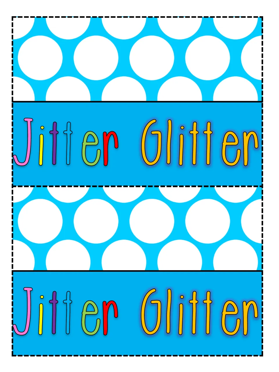 Blue bag tags: two white polka-dot toppers with rainbow handwritten title lettering, a second color option to staple on