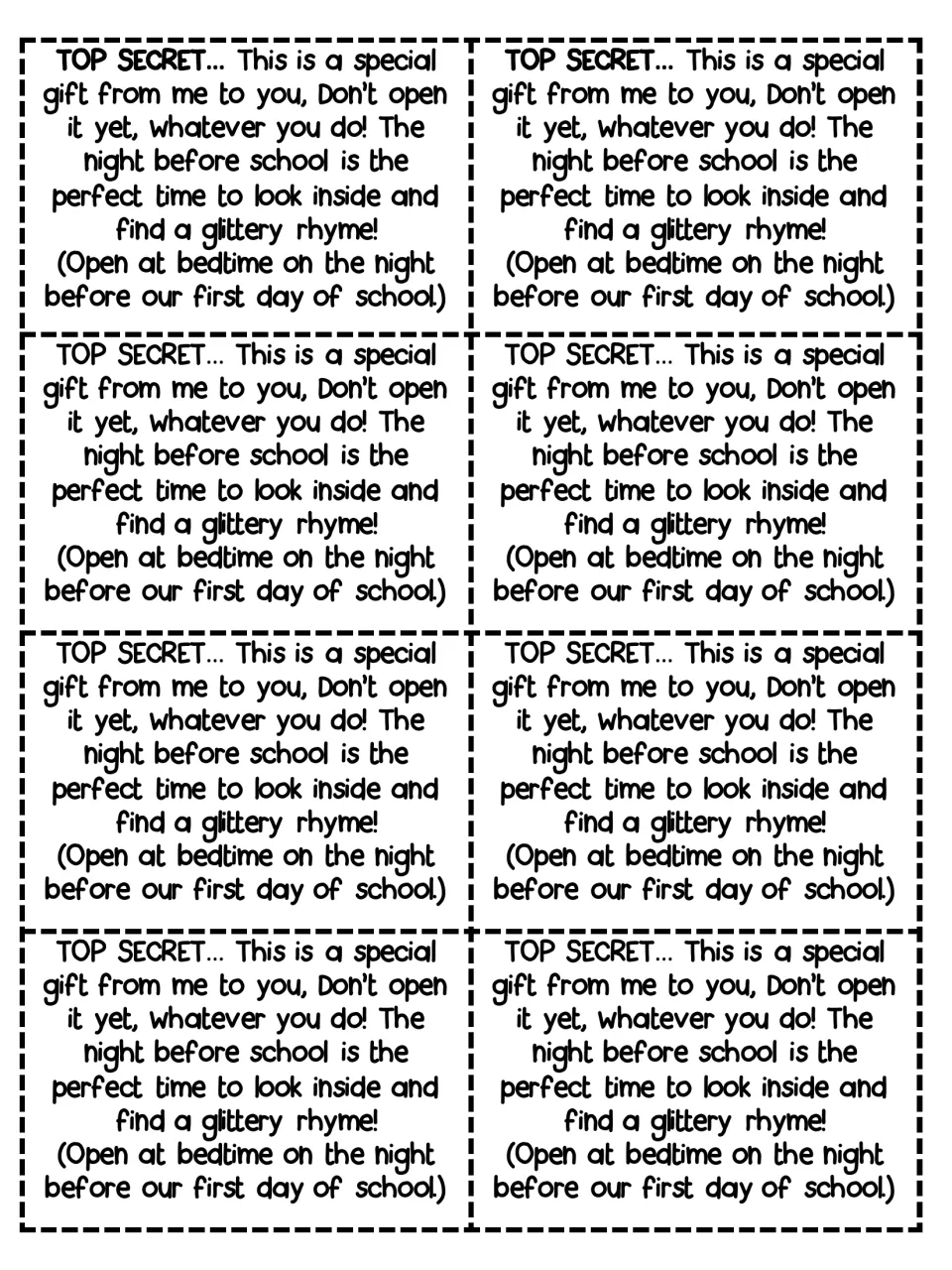 TOP SECRET labels: eight repeated notes telling children not to open the gift until bedtime before the first day