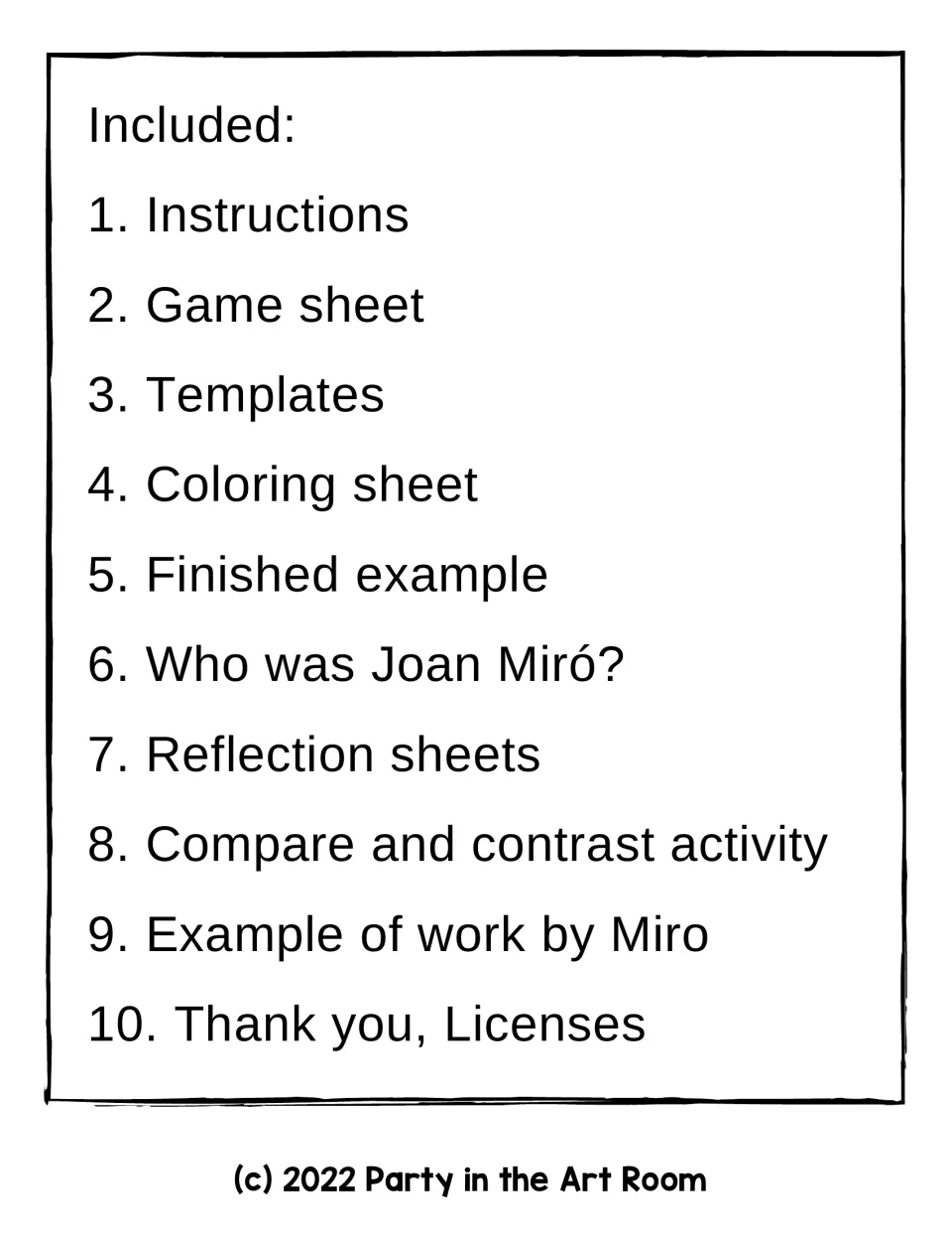 Contents list of the resource: instructions, game sheet, templates, coloring sheet, finished example, reflection sheets and more