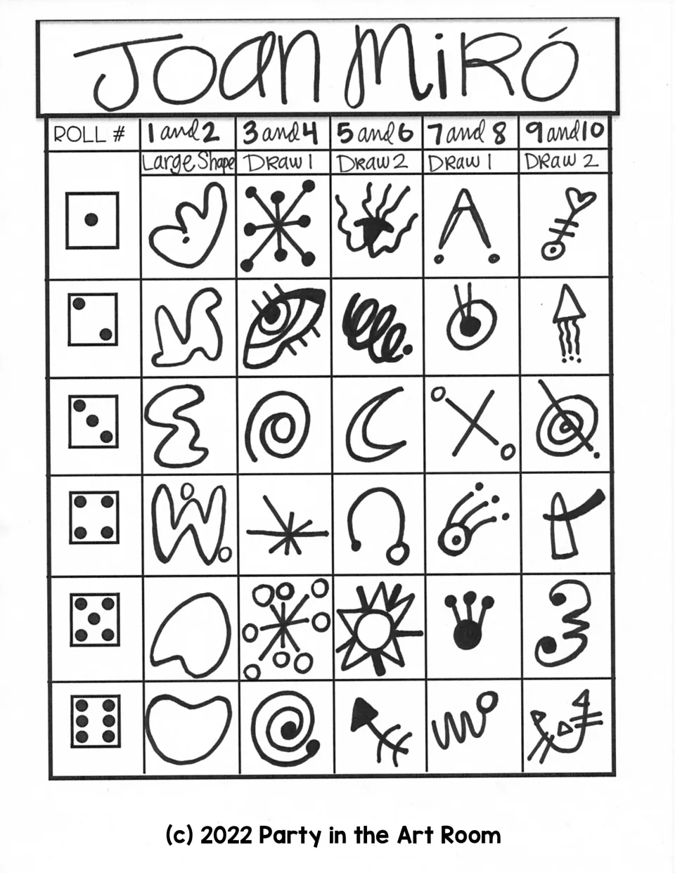 Joan Miró game sheet: students match dice rolls 1 to 6 to hand-drawn shapes in the roll columns, then draw each one