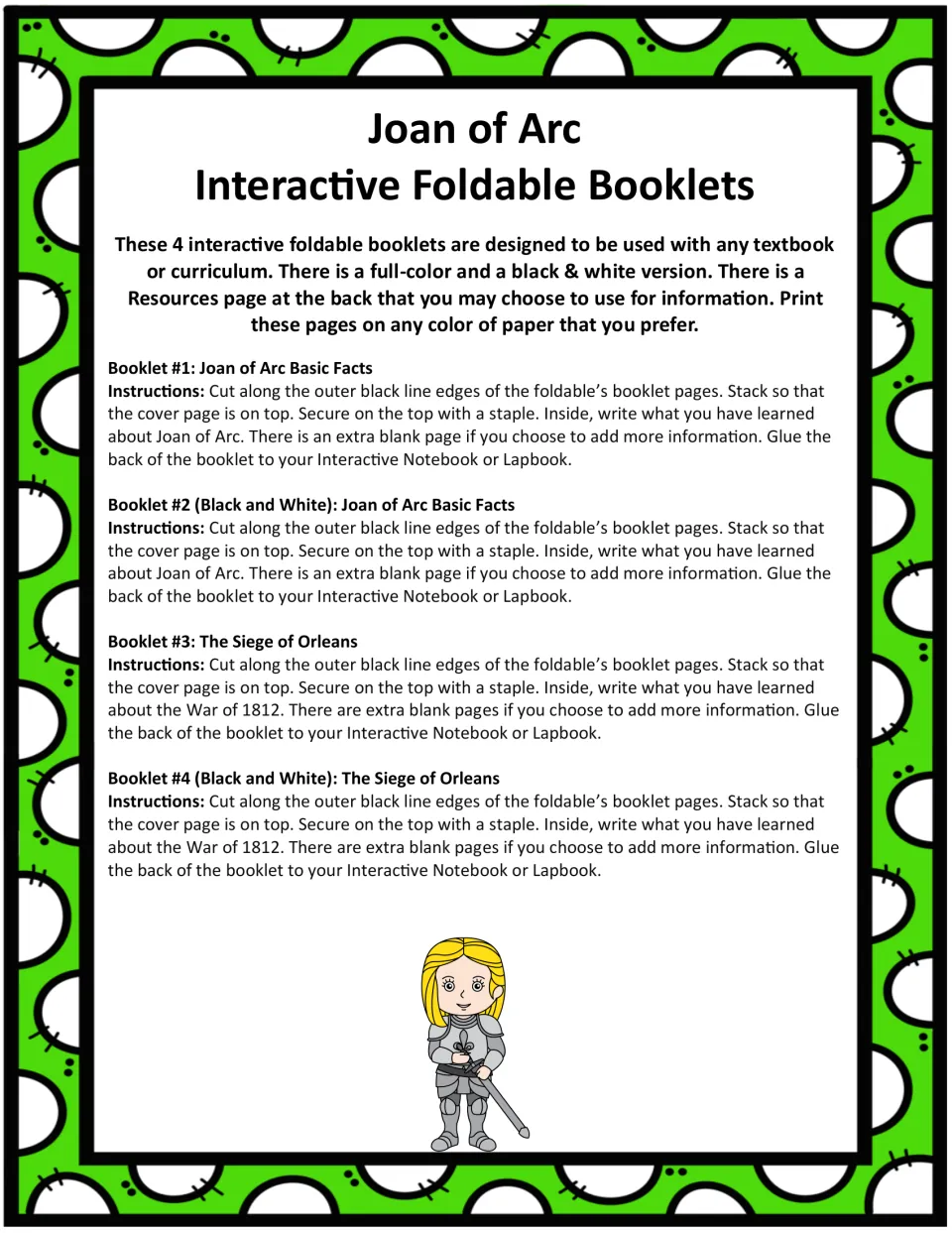 Assembly instructions for four booklets: Joan of Arc basic facts and the Siege of Orleans in two versions