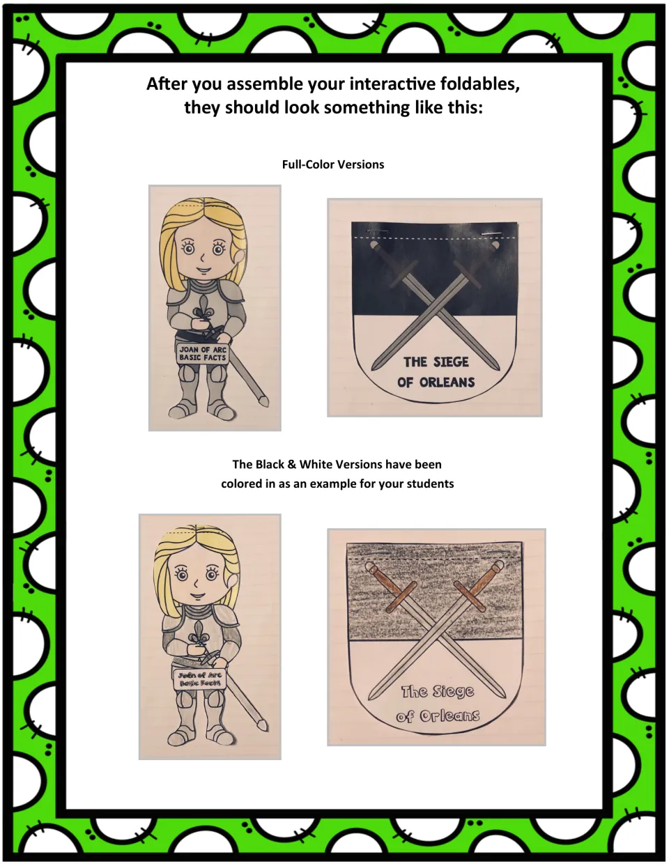 Assembly examples show Joan of Arc and Siege of Orleans booklets in full color and colored black and white