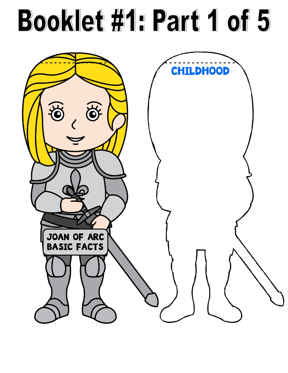 Color basic facts booklet, part 1 of 5: Joan of Arc figure cover and a Childhood cutout for student notes