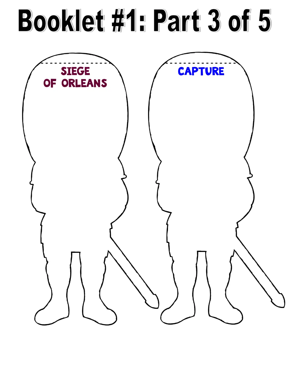 Color basic facts booklet, part 3 of 5: Siege of Orleans and Capture cutouts for notes about Joan of Arc