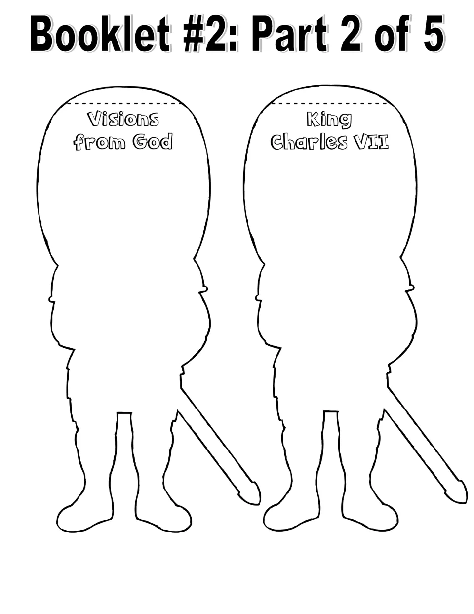 Black-and-white basic facts booklet, part 2 of 5: Visions from God and King Charles VII writing cutouts