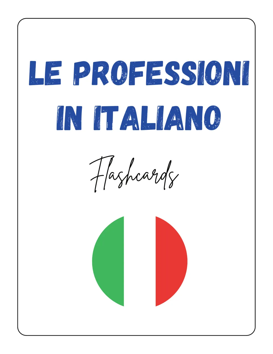 Cover of the Italian jobs flashcard resource, titled 'Le professioni in italiano' (professions in Italian)