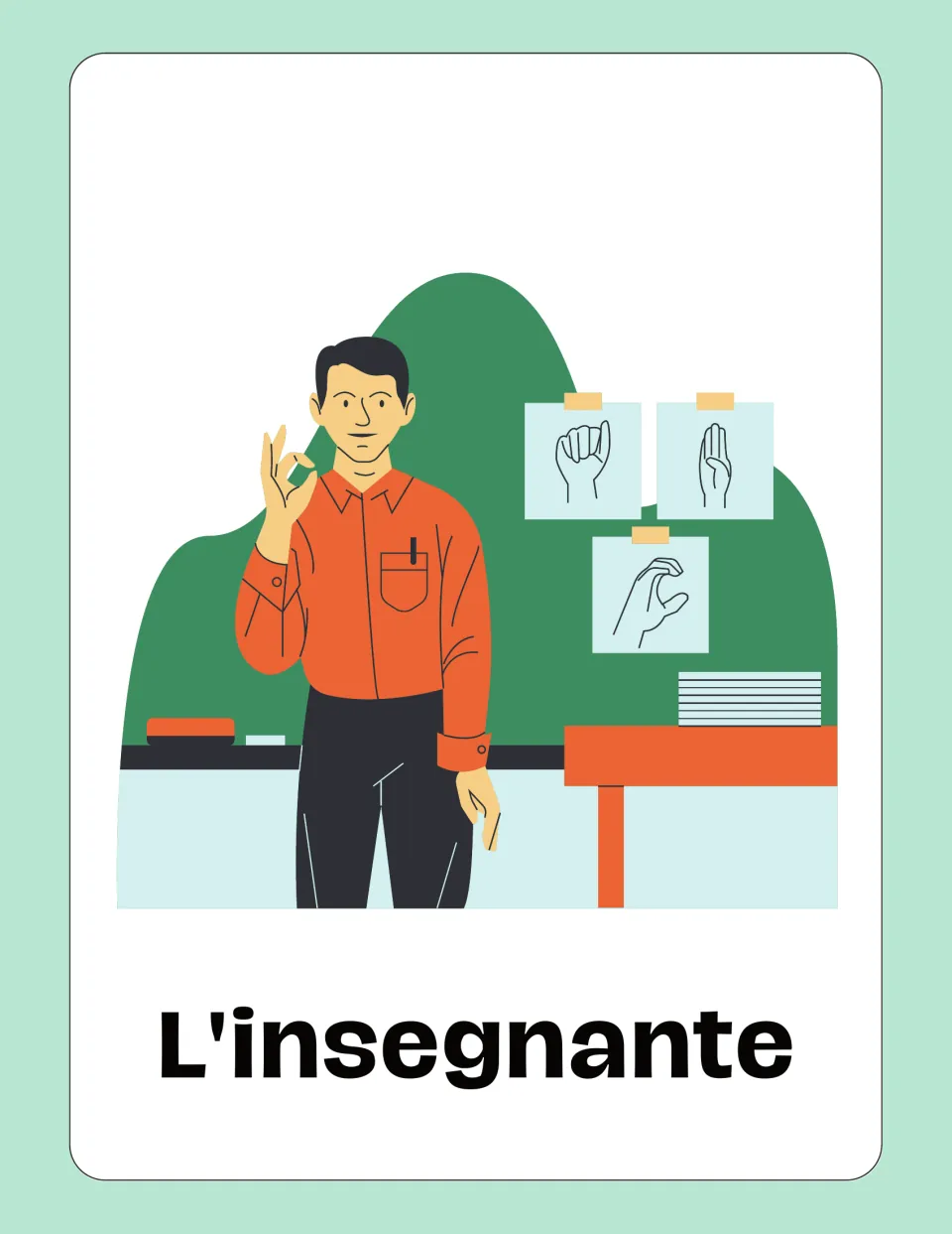 Italian jobs flashcard labeled 'L'insegnante' (teacher), illustrated by a teacher standing at a board