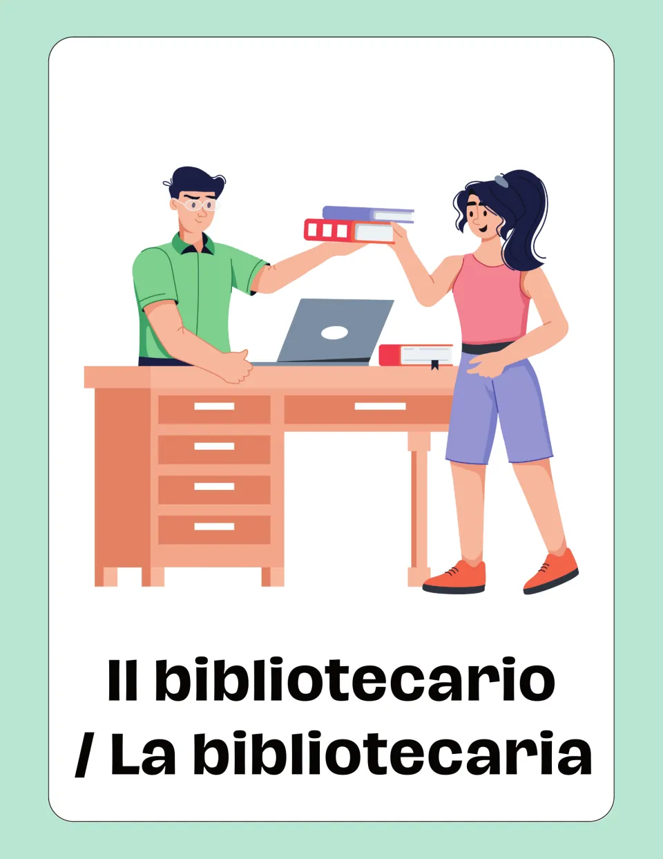 Italian jobs flashcard: 'Il bibliotecario / La bibliotecaria' (librarian), showing books passed at a desk