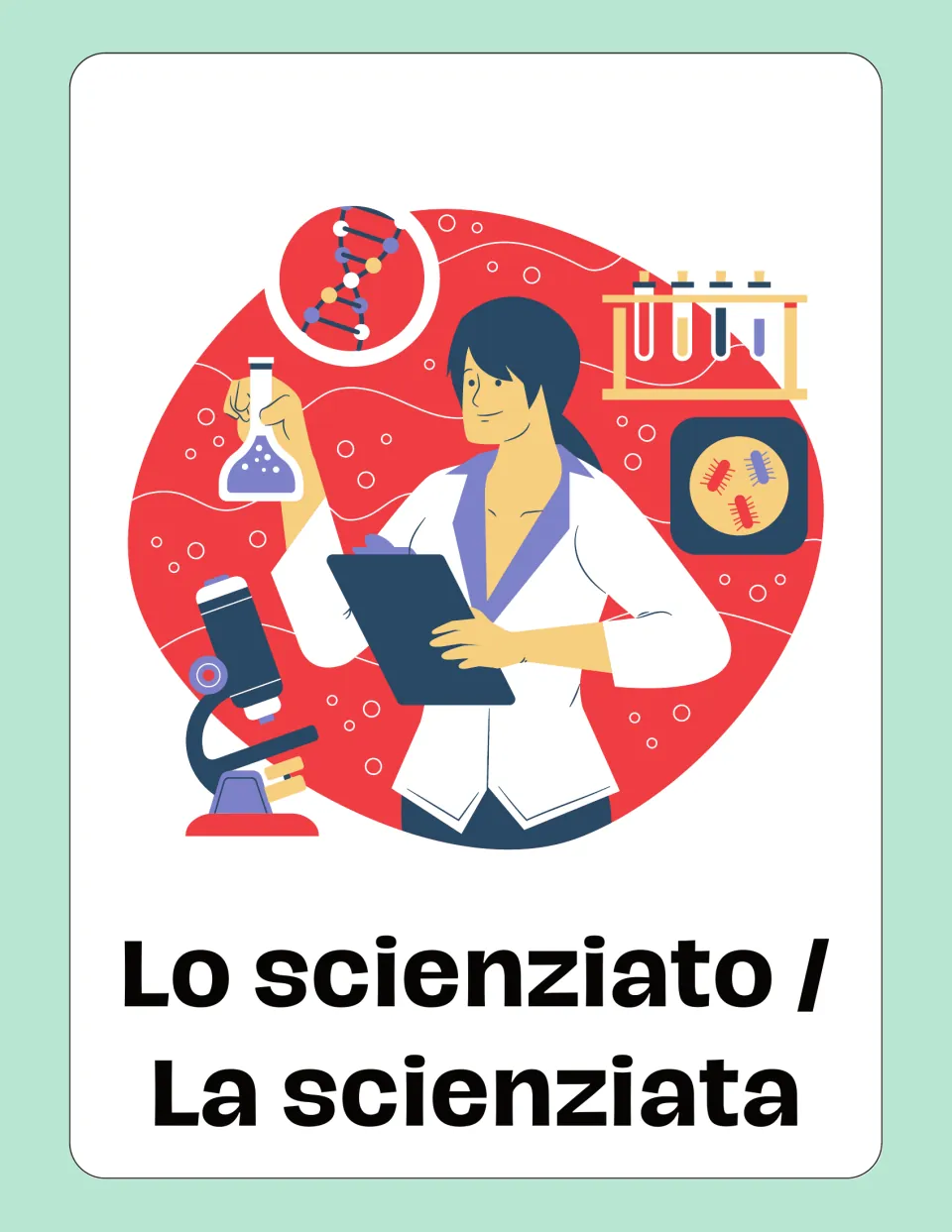 Italian jobs flashcard: 'Lo scienziato / La scienziata' (scientist), showing a scientist holding a flask