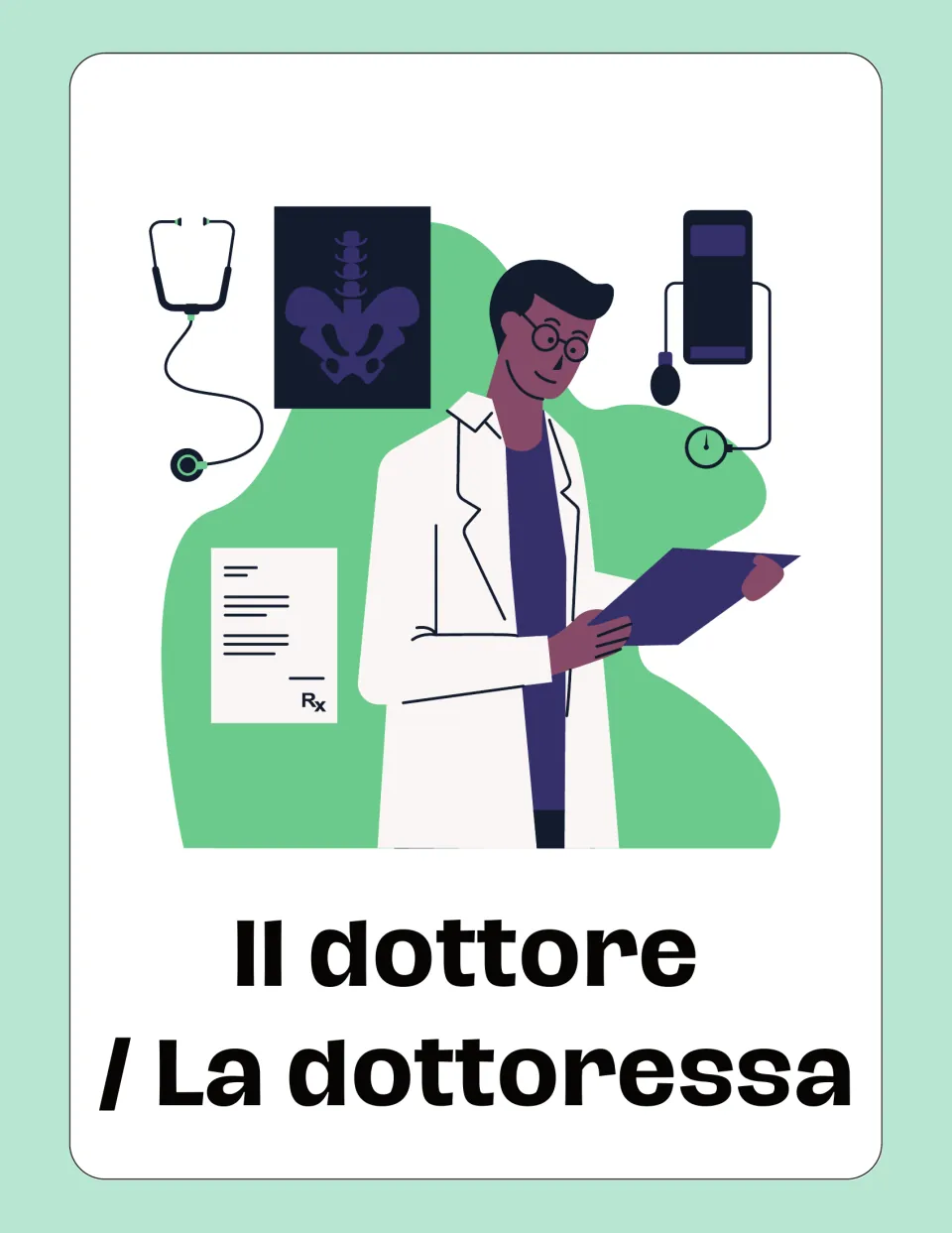 Italian jobs flashcard: 'Il dottore / La dottoressa' (doctor), showing a doctor holding a clipboard