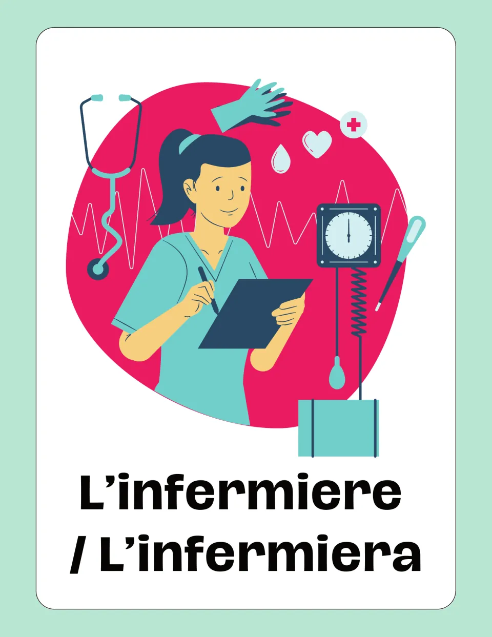 Italian jobs flashcard: 'L’infermiere / L’infermiera' (nurse), showing a nurse writing on a clipboard