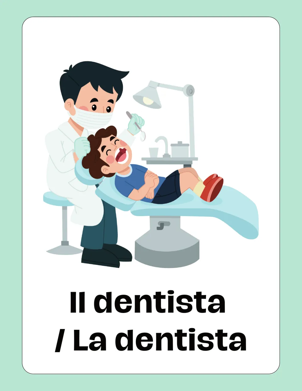 Italian jobs flashcard: 'Il dentista / La dentista' (dentist), showing a dentist examining a child's teeth