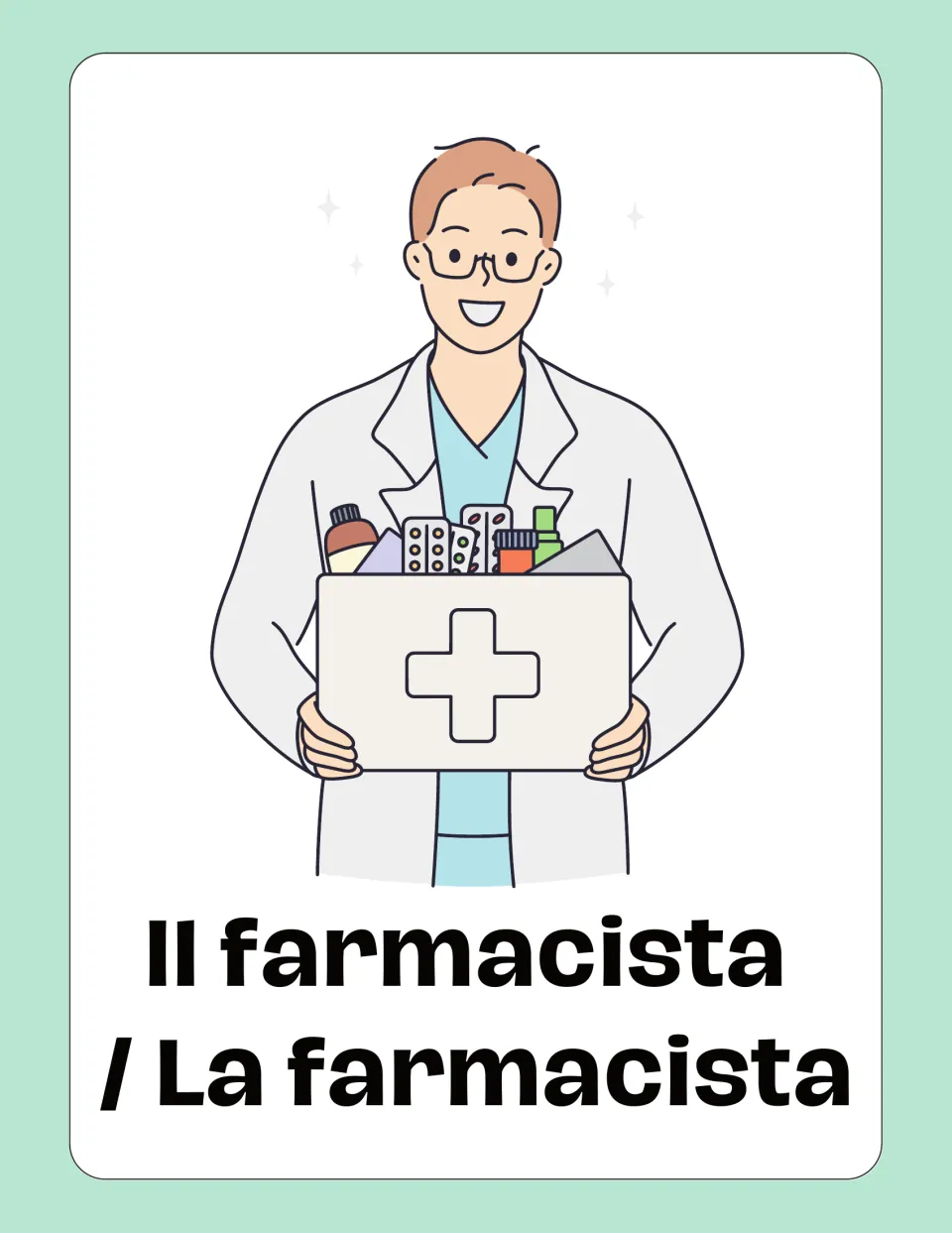 Italian jobs flashcard: 'Il farmacista / La farmacista' (pharmacist), showing a person holding medicines