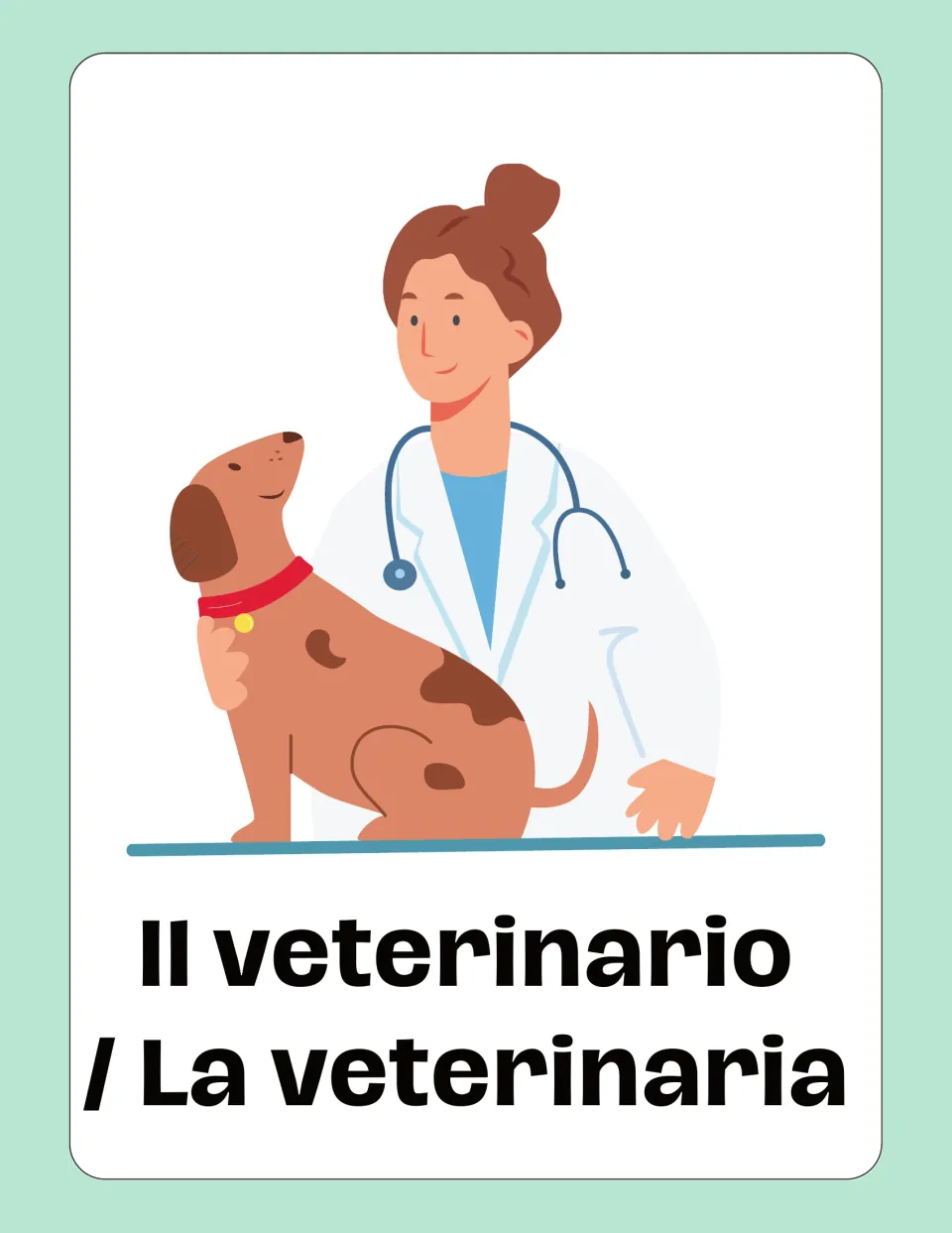 Italian jobs flashcard: 'Il veterinario / La veterinaria' (veterinarian), showing a veterinarian with a dog