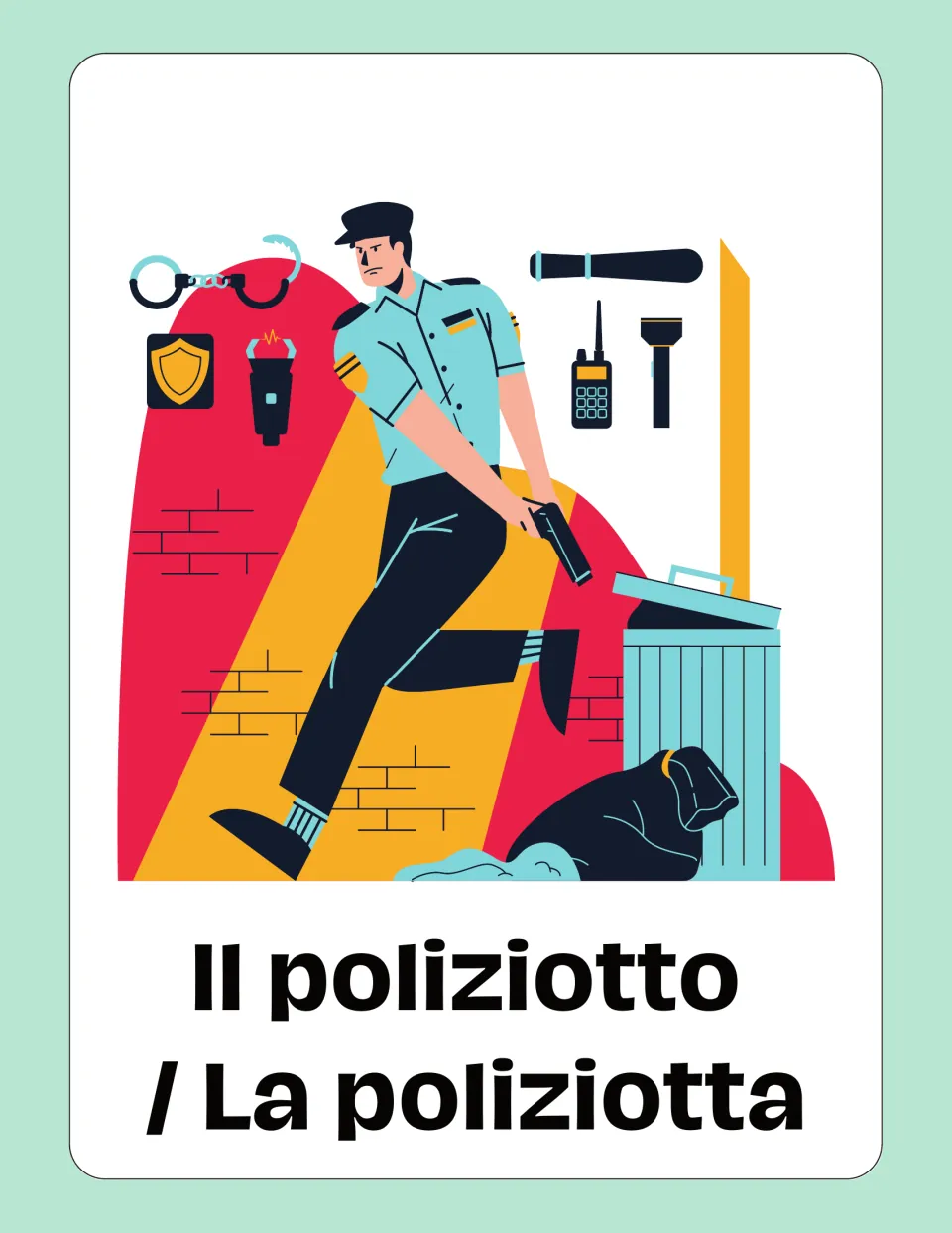 Italian jobs flashcard: 'Il poliziotto / La poliziotta' (police officer), showing a uniformed officer
