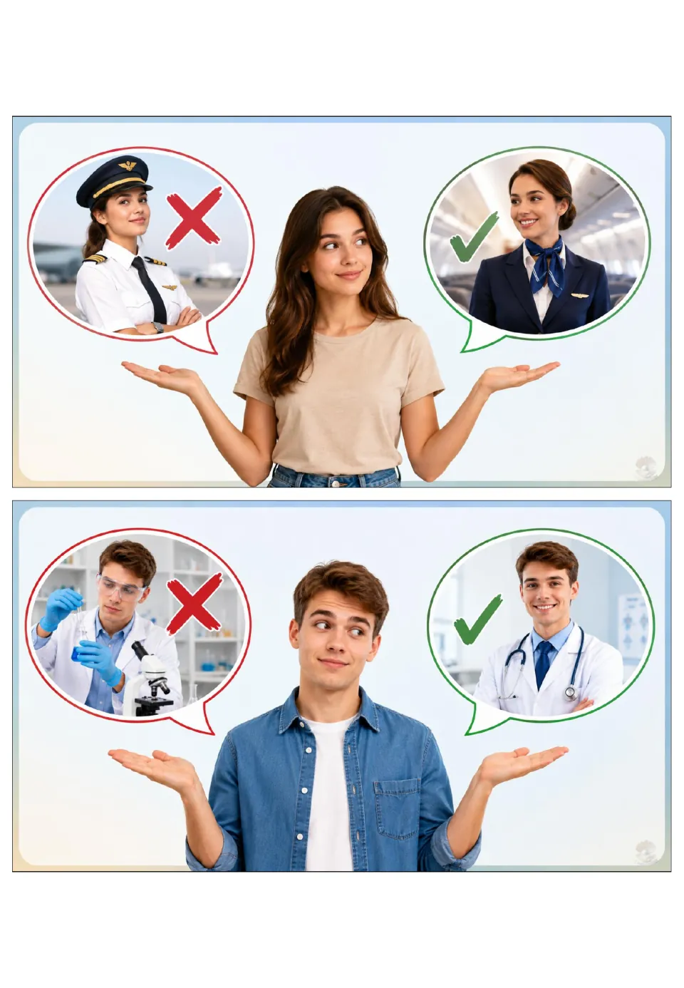 Jobs grammar cards 1–2: a pilot and scientist are crossed out; a flight attendant and doctor are checked.