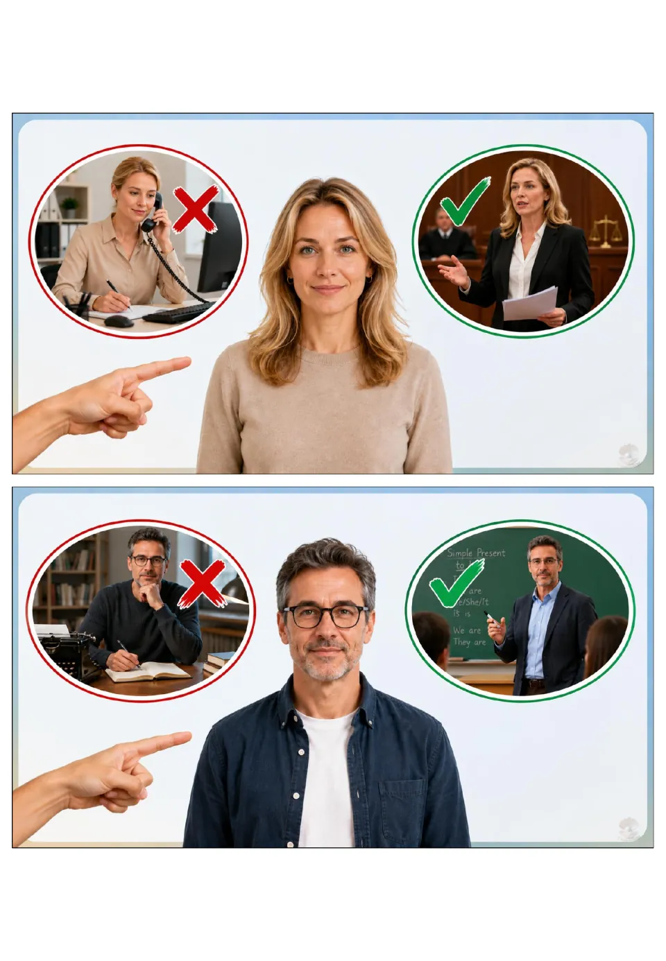 Jobs grammar cards 3–4: a secretary and writer are crossed out; a lawyer and teacher are checked.
