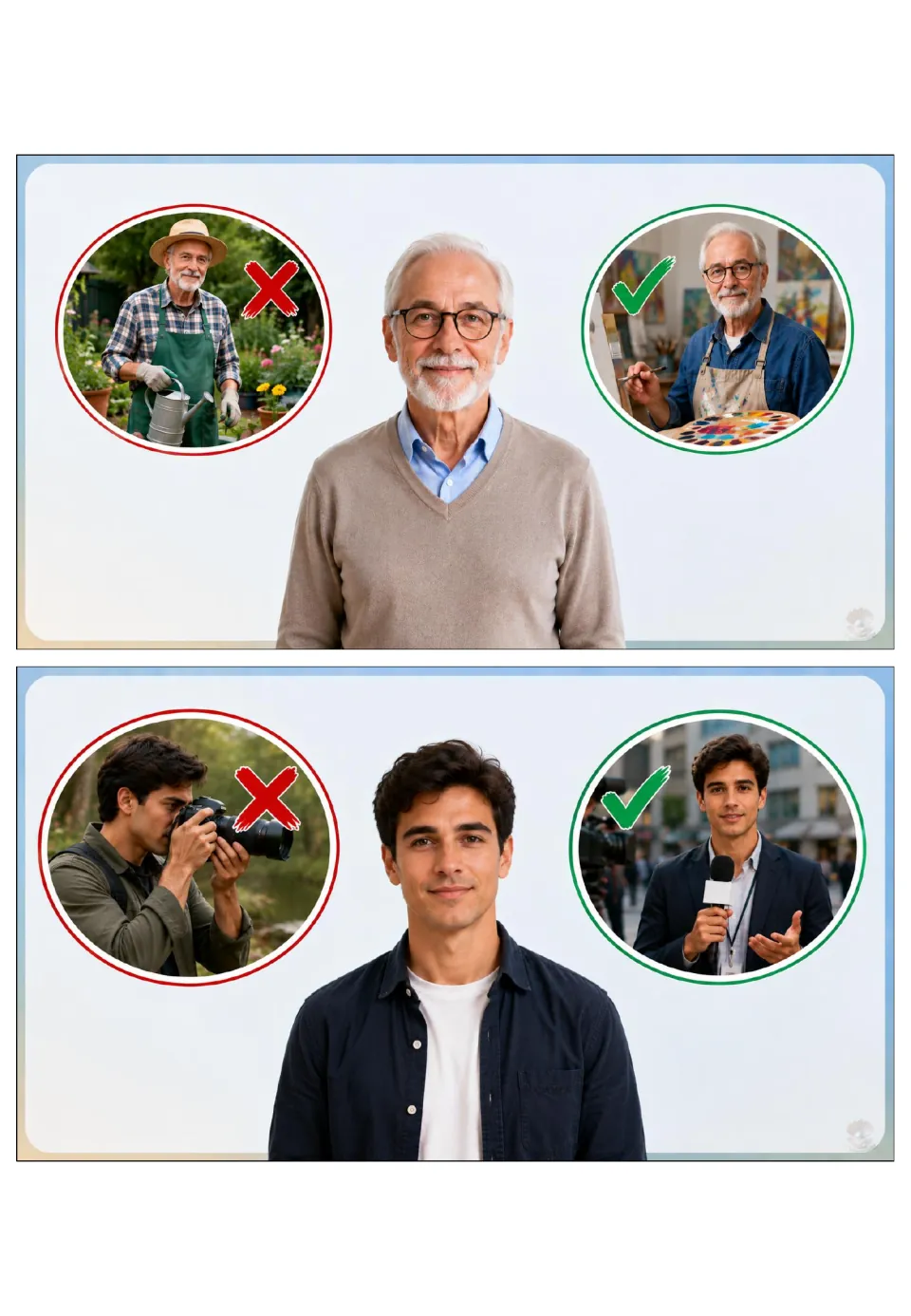 Jobs grammar cards 5–6: a gardener and photographer are crossed out; an artist and reporter are checked.