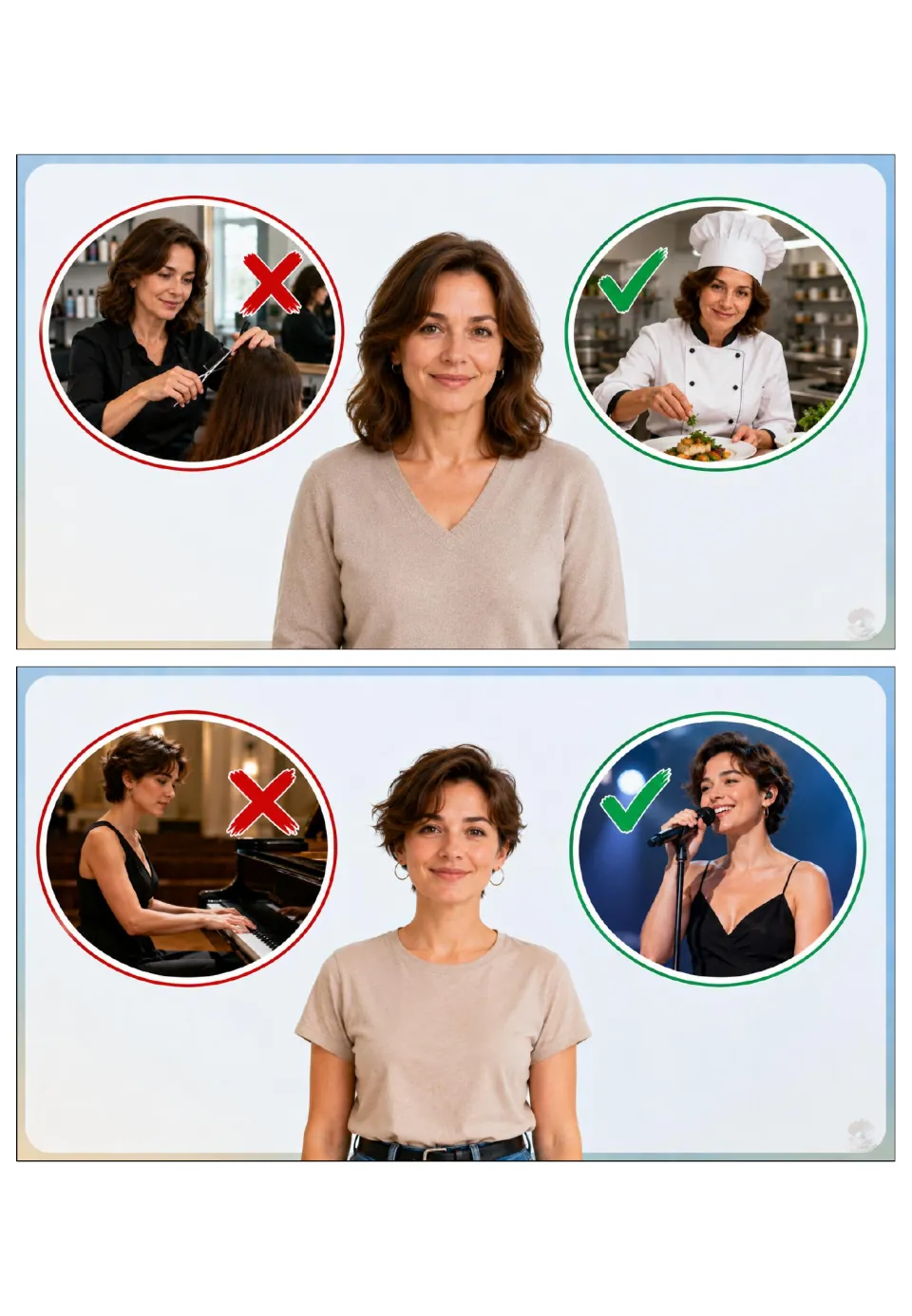 Jobs grammar cards 7–8: a hairdresser and pianist are crossed out; a chef and singer are checked.