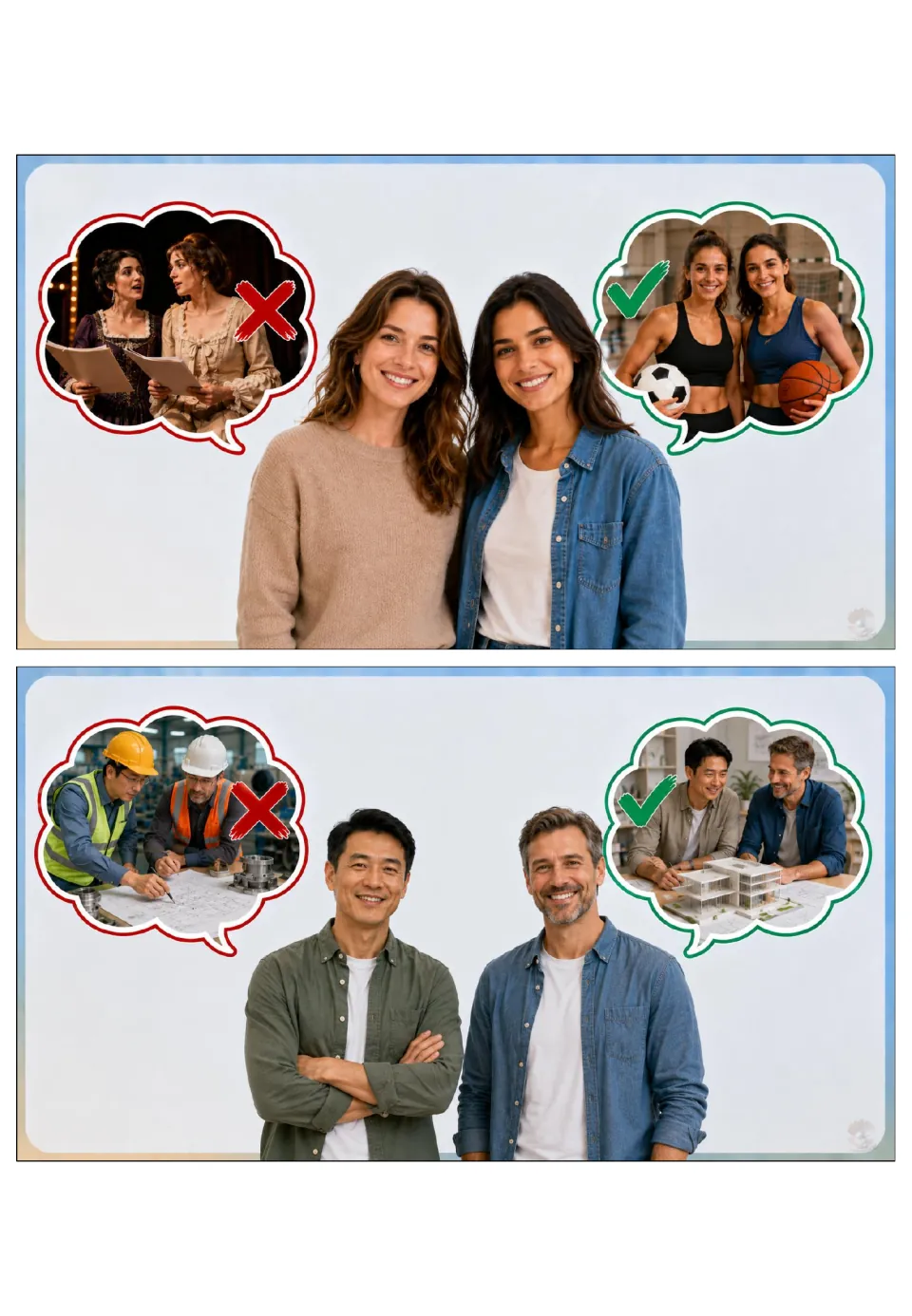 Jobs grammar cards 9–10: actors and engineers are crossed out; athletes and architects are checked.