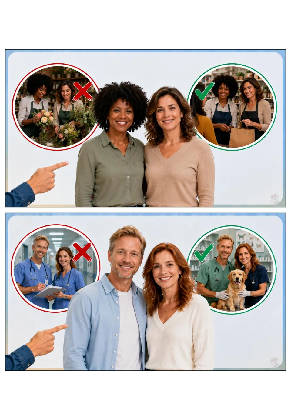 Jobs grammar cards 11–12: florists and doctors are crossed out; store clerks and veterinarians are checked.